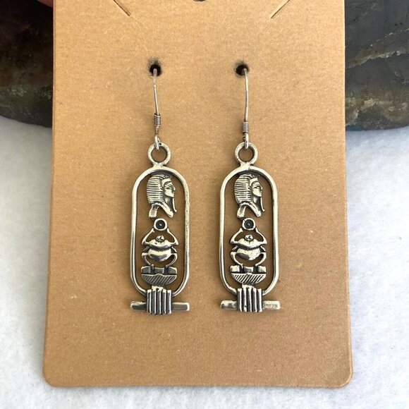 Sterling Silver 925 Egyptian Amulet Hieroglyph Scarab Cartouche Dangle Earrings - Picture 1 of 16